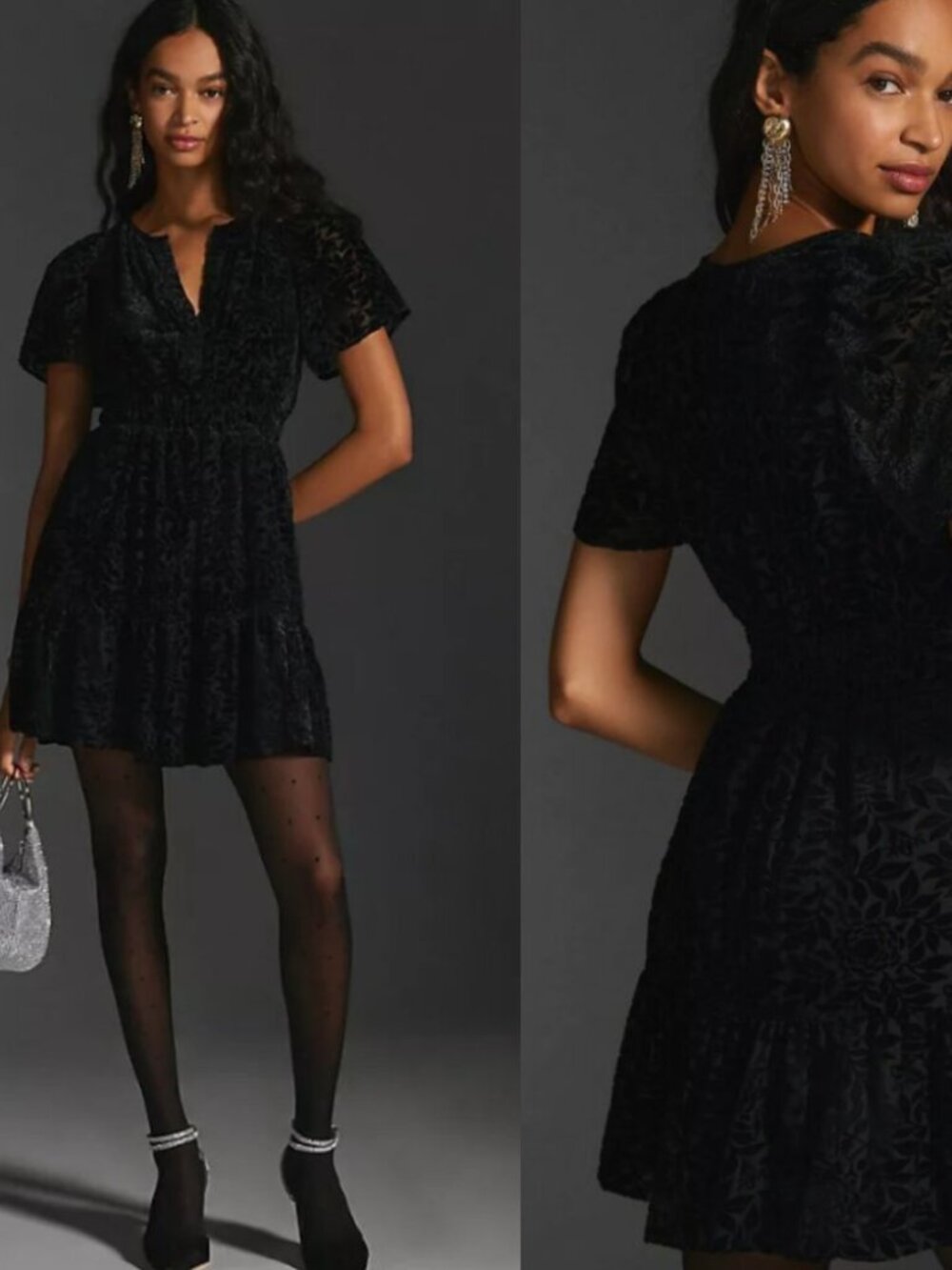 Anthropologie The Somerset Dress Mini Black Velvet Burnout | Size Large - Picture 1 of 4